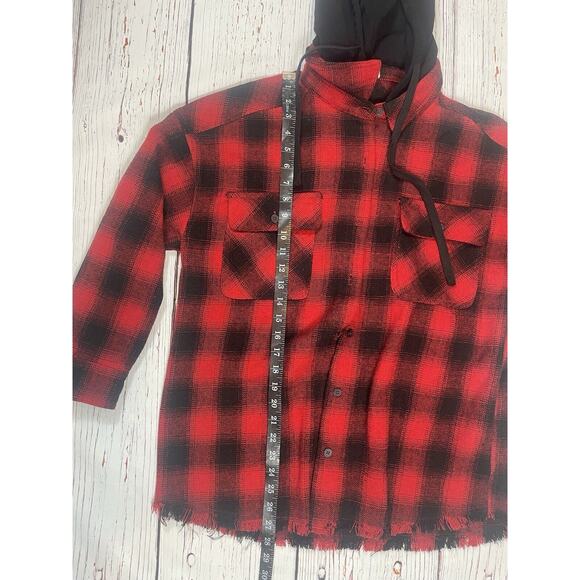Altar’d State Shacket Womens Small Plaid Hoody Flannel Red Black Tailgate - Picture 9 of 15